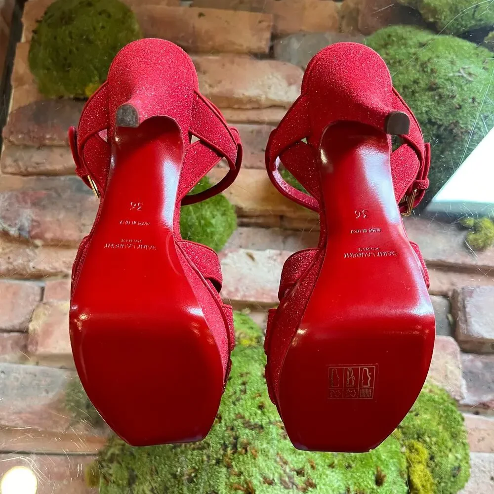 SAINT LAURENT Red Suede Glitter Tribute Heels SZ 36 (US 6) - Picture 5 of 11